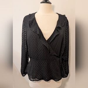 Banana Republic Black Sheer Swiss Dot Ruffle Trim Wrap Long Sleeve Blouse Medium